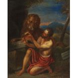 Italian School, 17th century- Androcles and the Lion; oil on canvas, bears inscription on the