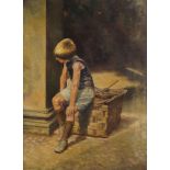 Ianthe White, British b.1901 exh 1937-39- Boy seated on a basket in a doorway; oil on canvas,