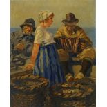 Alexander Rau, German 1878-1944- Fisherfolk relaxing by the sea; oil on canvas, signed, 71.5x58.5cm