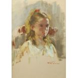 Tom Quinn, Irish 1918-2015- “Girl with blonde hair”, 1989; oil on paper, signed, 34x24cm, (ARR)