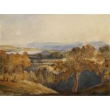 Circle of George Arthur Fripp RWS, British 1813-1896- Hilltop landscape looking down on woods with a