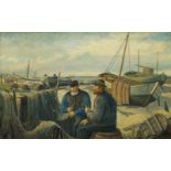 Emil Janus Weinreich, Danish 1892-1975- Fishermen mending their nets with beached fishing vessels on