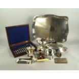 A miscellaneous collection of silver plate, to include a cased set of dessert knives and forks,