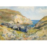 Lucile Jequier, French 19th/20th century- Row boats beached in a rocky cove; watercolour, signed,
