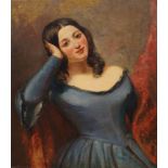 British School, mid 19th century- Portrait of a lady in a blue dress, three-quarter length; oil on