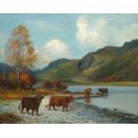 Jameson Lainge, British 19th century- Highland cattle in a stream; oil on canvas, signed, 51x61cm