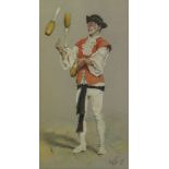 Franco Matania, British 1922-2006- Juggling clown; pastel, signed, 55.8x30.5cm: together with