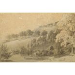 Anthony Thomas Devis, British 1729-1817- Landscape with cattle; pen and grey wash, signed with