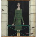 Georges Lepape (1887-1971) 'Lady in green dress on balcony with swallows'Circa 1925, signed bottom