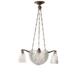 Degue Attributed, an Art Deco white metal and frosted glass chandelierCirca 1930, metal stamped 2066