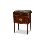French Art Deco, an inlaid marble topped bedside tableCirca 1930Having a single drawer and cupboard,