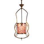 An Art Nouveau Brass Hanging light with Pink and Opalescent glass shadeCirca 1910The Openwork