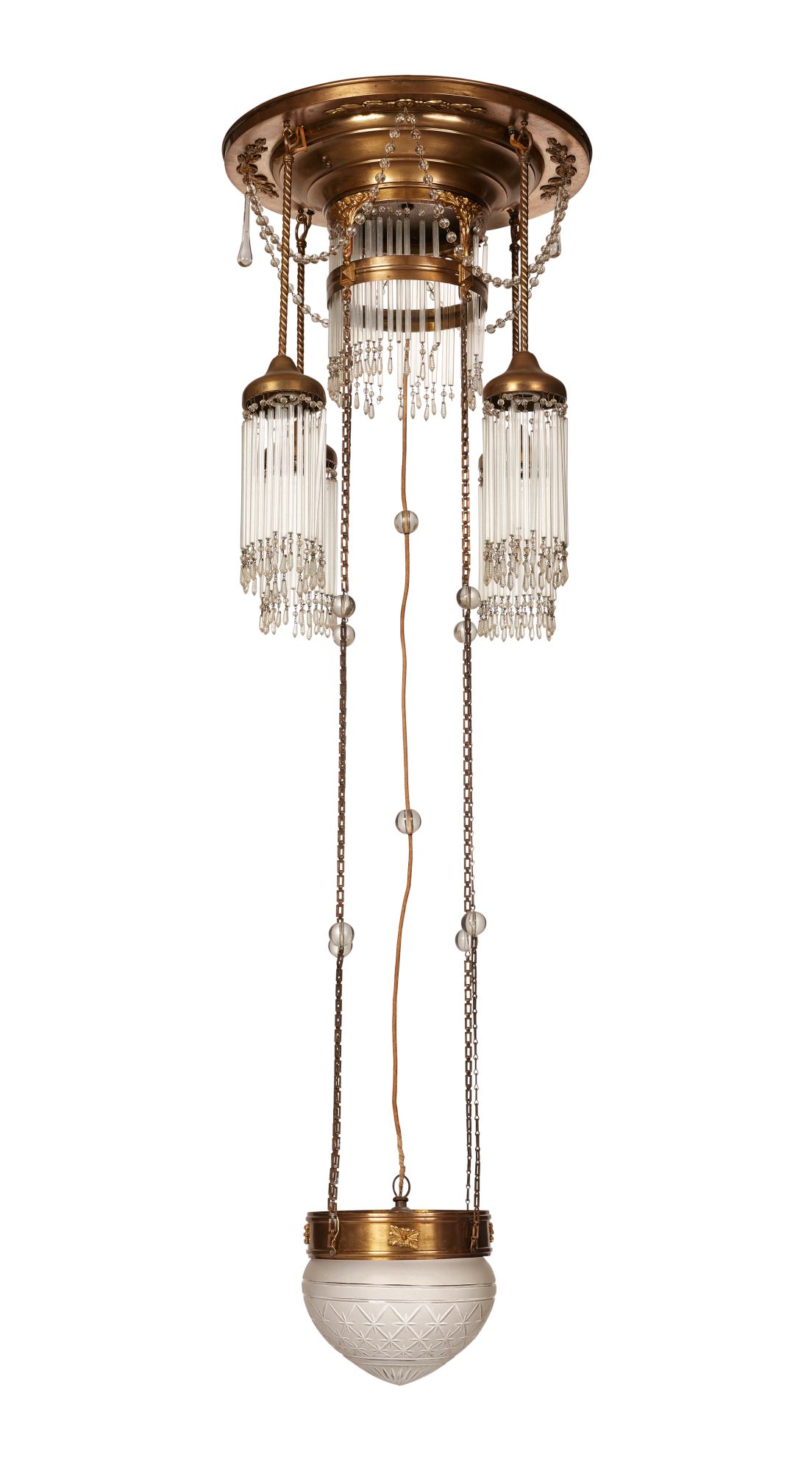 A Secessionist brass and glass chandelierCirca 1915Having a broad ceiling rose with five lights