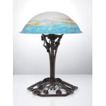 Muller Freres, an art deco glass table lamp with wrought-iron baseCirca 1930, shade stencilled