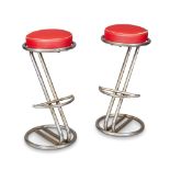 Modernist, a pair of chromium plated tubular steel bar stools with mock-leather cushion seatsMid-