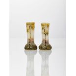 Daum, a pair of miniature acid-etched and enamelled landscape vasesCirca 1910, signed Daum Nancy