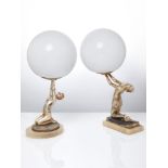 Art Deco, two cold-painted metal figural table lamps with glass shadesCirca 1935Each modelled as a