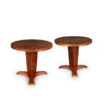 Jules Leleu (1883-1961), a pair of mahogany circular side tables with marquetry centresCirca 1935,