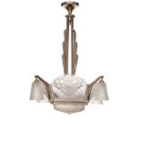 Muller Freres, an Art Deco frosted glass and nickel-plated metal chandelierCirca 1930, moulded