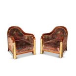 French Art Deco, a pair of walnut, carved, part gilded and upholstered armchairsCirca 1925Walnut