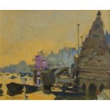 Ken Howard OBE RA, British b.1932- Manikarnika Ghat, Varanasi;oil on canvas board, signed and