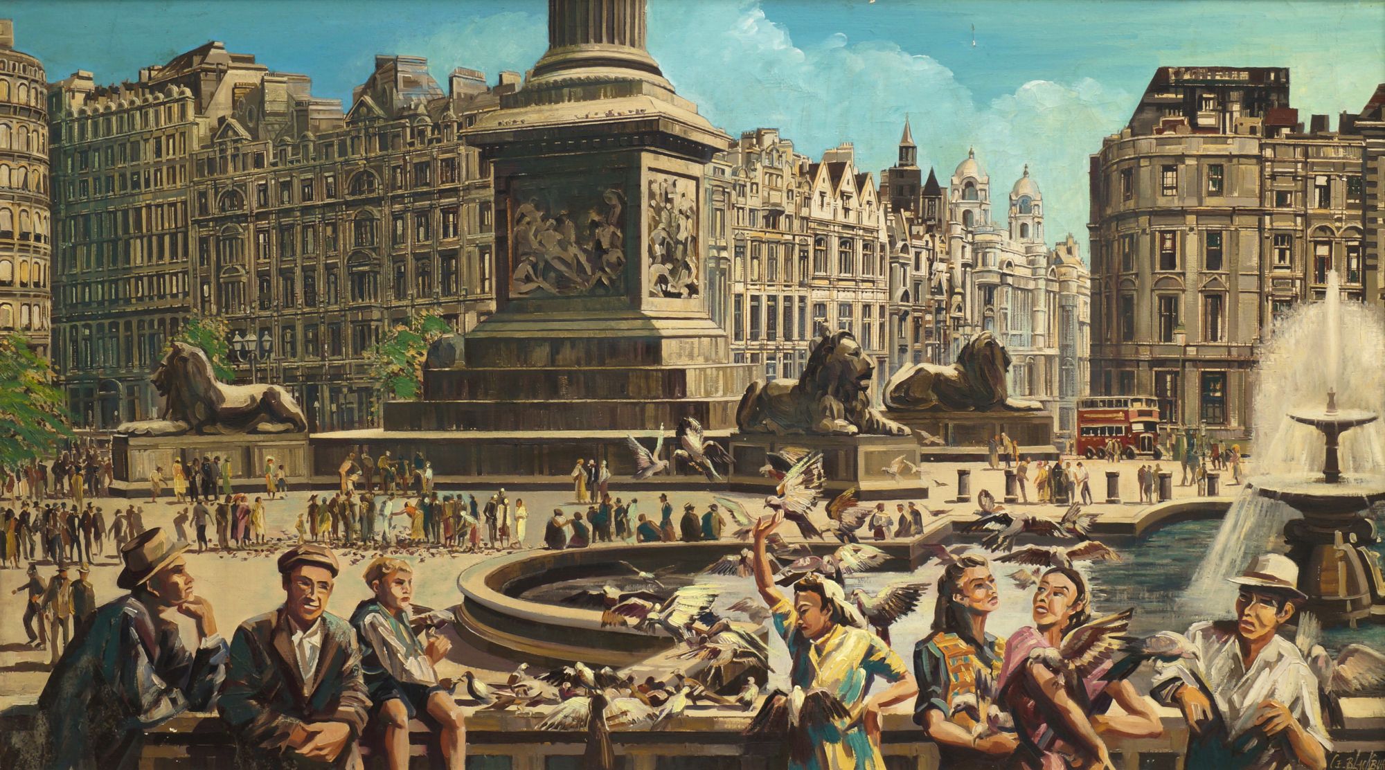 Clarence E Blackburn, British 1914-1984- Trafalgar Square; oil on canvas, signed, 61x106cm, (ARR) in