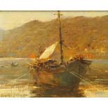 Grenville Cottingham RSMA RBA, British 1943-2007- “Caique on Symi”; oil on canvas laid down on