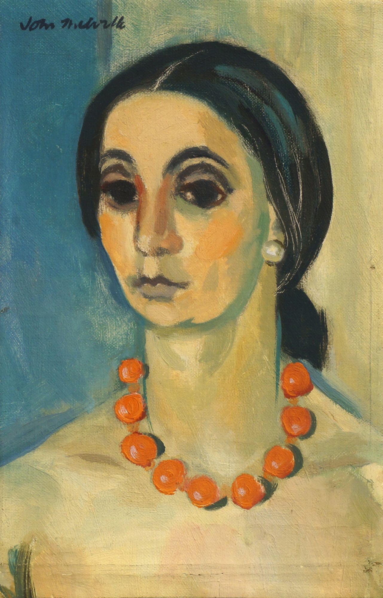 John Melville, British 1902-1986- Portrait of a woman with red beaded necklace; oil on canvas,