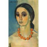 John Melville, British 1902-1986- Portrait of a woman with red beaded necklace; oil on canvas,