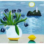 Alan Furneaux, British b.1953- “Black Tulips at Godrevy Lighthouse”, 2010; acrylic on board, signed,