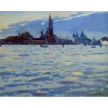 Ken Howard OBE RA, British b.1932- Venice; oil on canvas board, signed, 25.4x30.5cm, (ARR) in a gilt