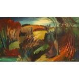 George Hann, British 1900-1979- Landscape; oil on board, signed, 39x74.5cm, (ARR) in a parcel gilt