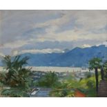 Ken Howard OBE RA, British b.1932- Lake Maggiore, brightening up after the thunderstorm; oil on
