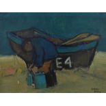 Dawn Sidoli NEAC RWA, British b.1933- Fisherman and his boat ashore; oil on board, signed and