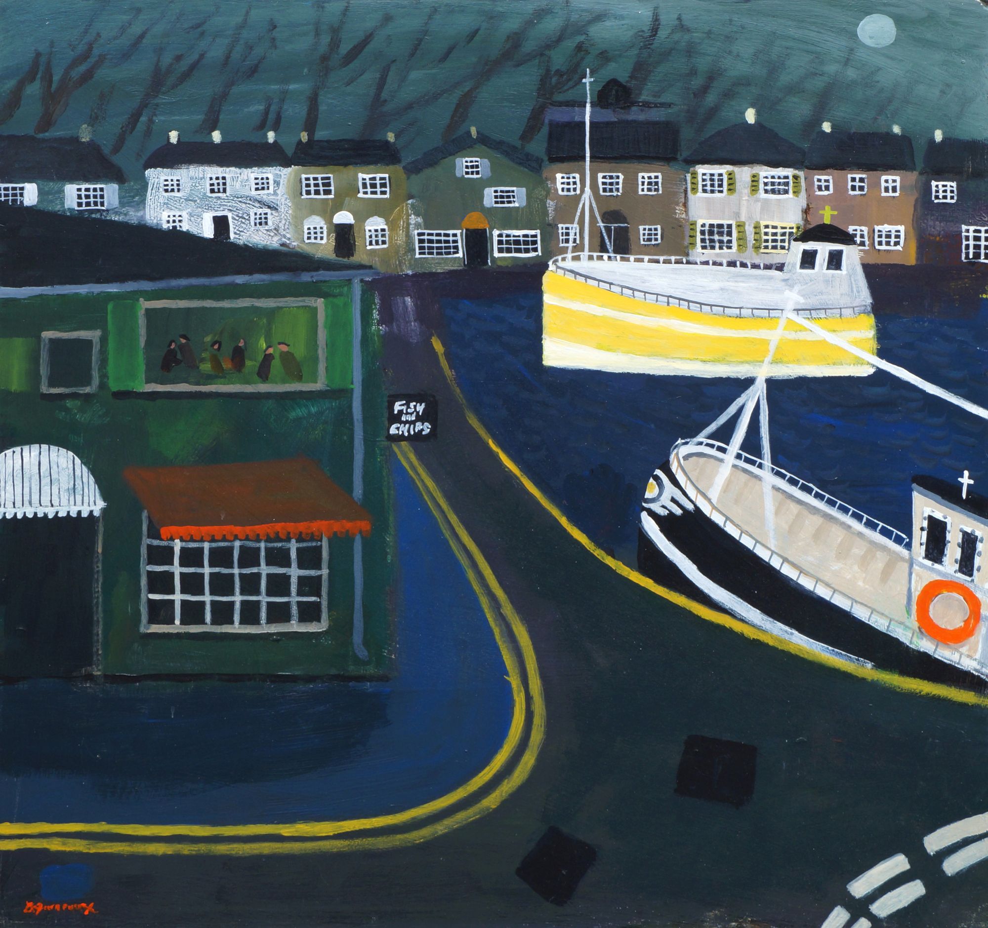 Alan Furneaux, British b.1953- “Fish and Chips at Padstow in Winter”, 2010; acrylic on board,
