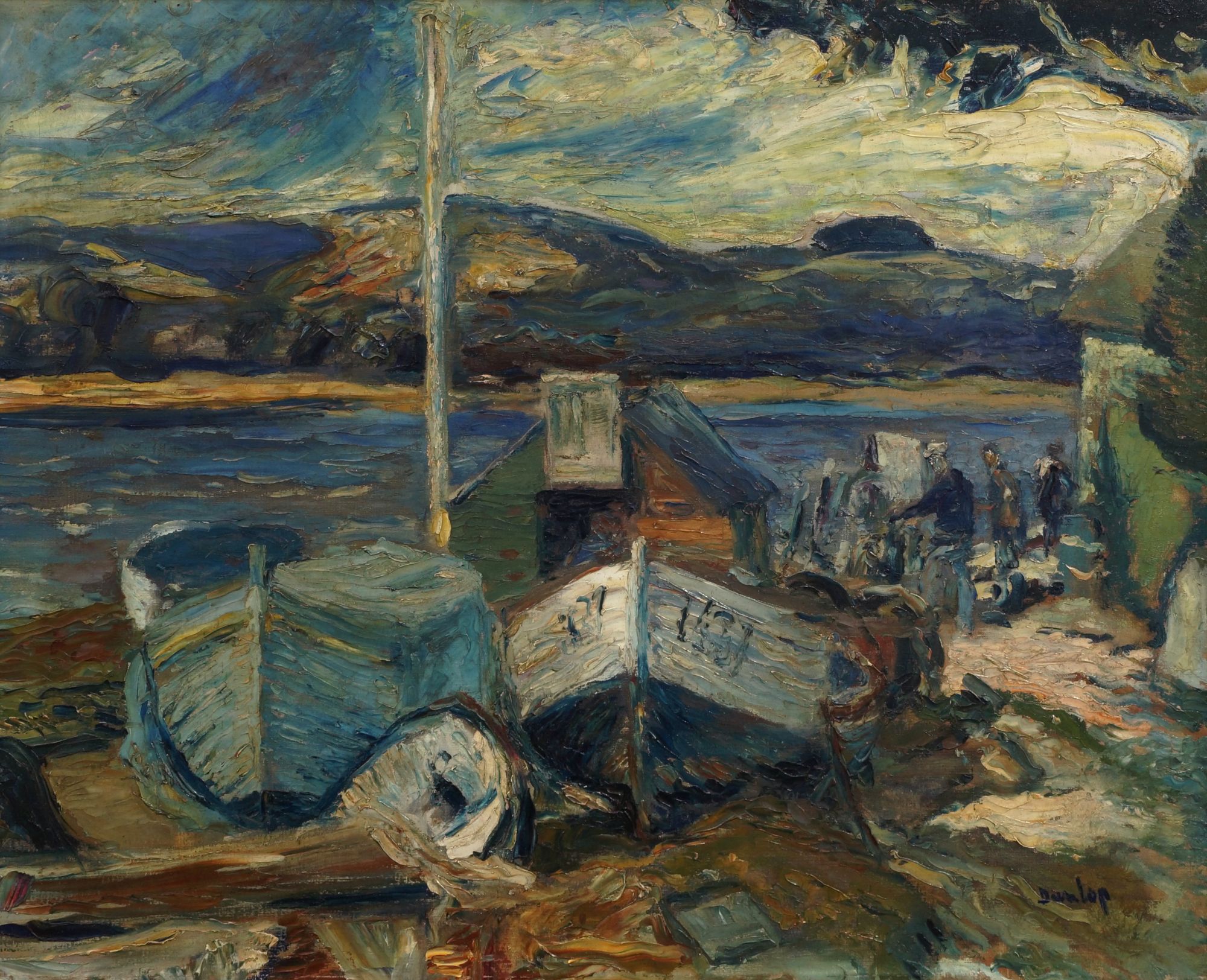 Ronald Ossory Dunlop NEAC RBA RA, Irish 1894-1973- Boats moored by the water; oil on canvas, signed,