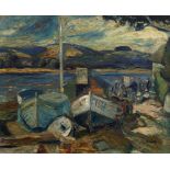 Ronald Ossory Dunlop NEAC RBA RA, Irish 1894-1973- Boats moored by the water; oil on canvas, signed,