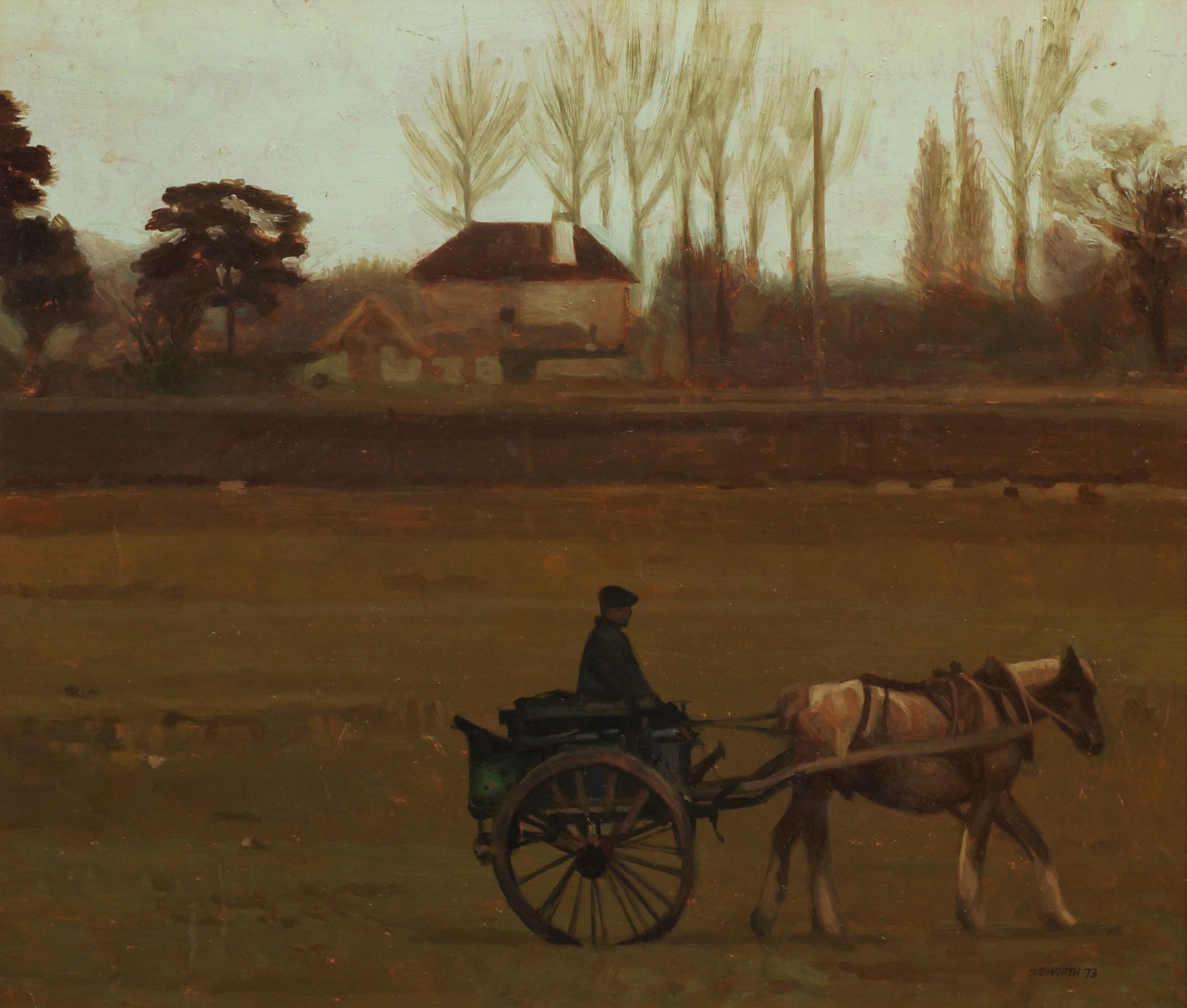 Jack Cudworth, British 1930-2010- Horse and cart in a field; oil on board, signed and dated 73, 40.