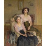 Mary Potter, British 1900-1981- Portrait of two seated women with a cat and dog; oil on canvas,