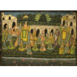 An Indian painting of two elephants in a procession,mid 20th century, within a palace interior,