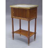 A Continental style mahogany bedside cabinet, early 20th Century, the rectangular grey marble top