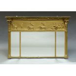 A Regency gilt gesso triple plate over mantel mirror, 19th Century, the frieze decorated with scenes