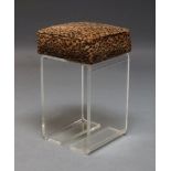 A Lucite stool with leopard print cushion, American, c. 1960s/1970s, 63cm high x 37cm wide x 37cm