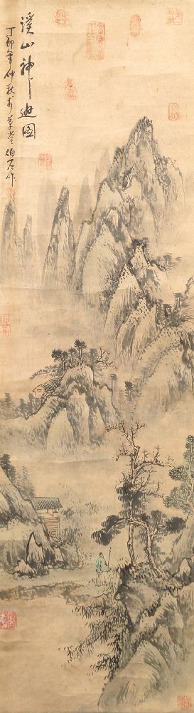 20th century Chinese School, scholar walking in a range of mountains, ink and colour on xuan