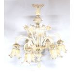 A Venetian clear and gilt glass six light chandelier, 20th century, the central baluster stem with