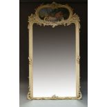 A large French white-painted trumeau wall mirror, late 19th century, decorated with floral