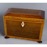 A rosewood and tulipwood banded tea caddy, 19th century, of sarcophagus form, with inset ivory