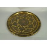 A Middle Eastern brass tray, probably Egyptian or Syrian, 20th century, inlaid with silver and