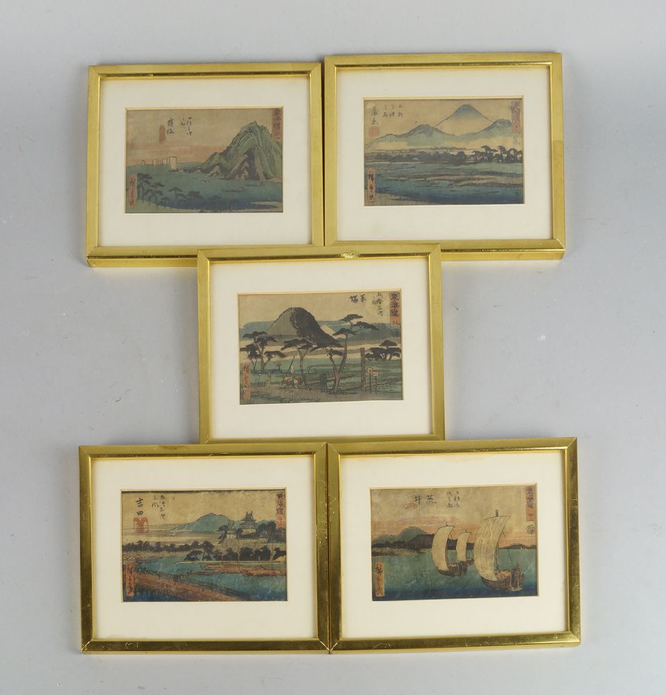 After Hiroshige, five prints from the series the fifty three stations of the Tokaido Road, mounted