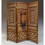 A Damascus or Egyptian three panel hardwood and mashribiyya screen, 20th century, inset with